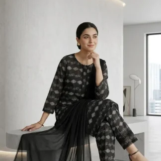Black Printed Pajama Set for Women with Long Sleeve Top