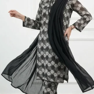 Pakistani Printed Kurta Set with Black Scarf & Pajama