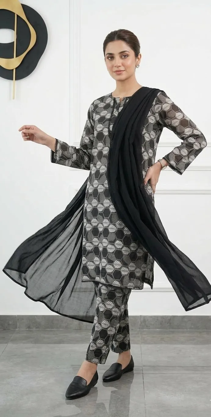 Pakistani Printed Kurta Set with Black Scarf & Pajama