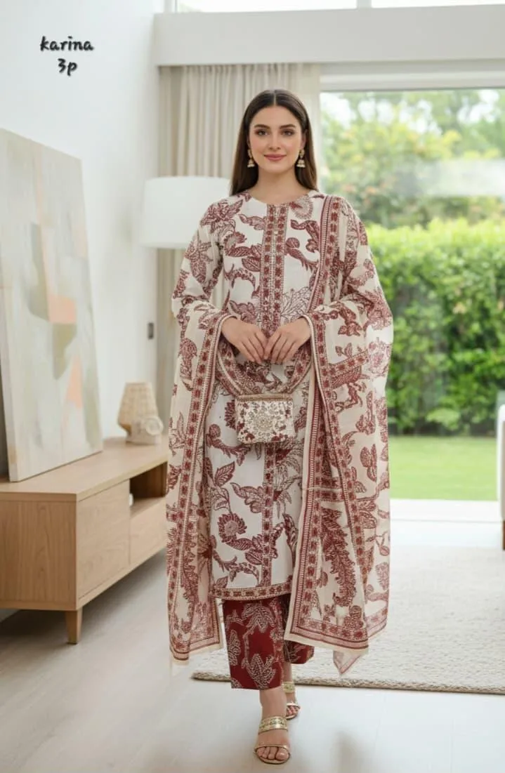 Women's 3Pcs Arabic Lawn Printed Suit Multicolor