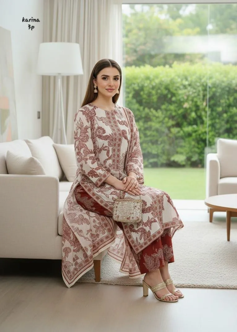 Women's 3Pcs Arabic Lawn Printed Suit Multicolor - Image 3