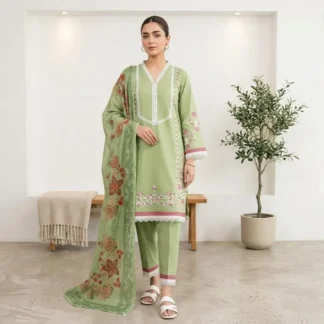 Green Floral Embroidered 3 Pcs Pakistani Suit