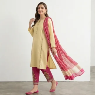 Pakistani Women's Yellow Kurta Set with Embroidered Pajama and Scarf