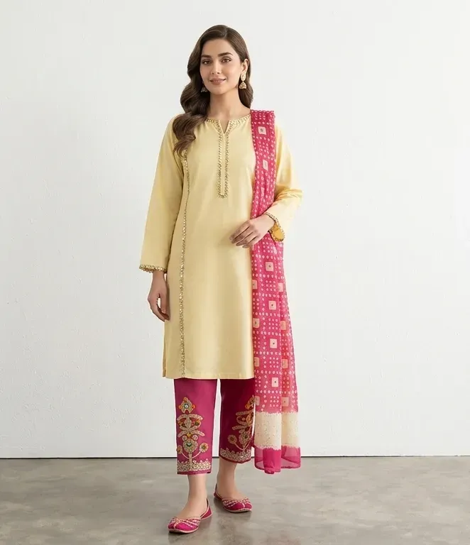 Pakistani Women's Yellow Kurta Set with Embroidered Pajama and Scarf - Image 2