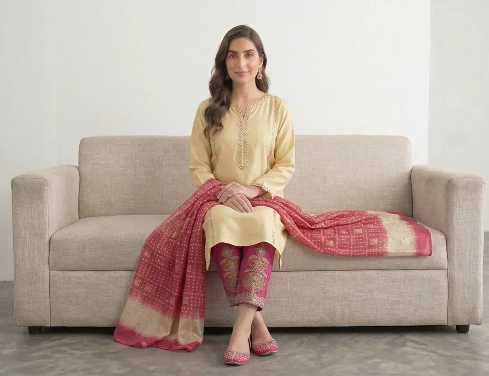 Pakistani Women's Yellow Kurta Set with Embroidered Pajama and Scarf - Image 3