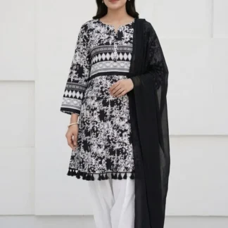 3Pcs Women's Stitched Lawn Digital Print Suit with Lace work short Frock and Shalwar