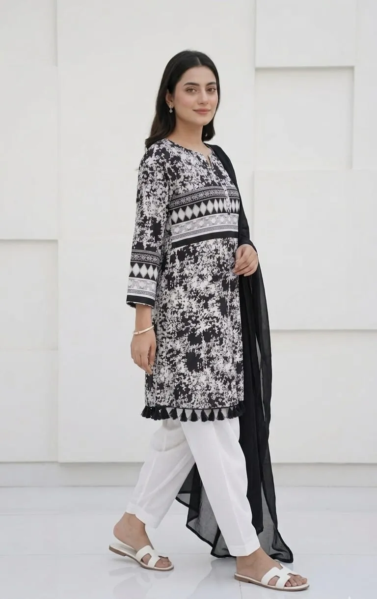 3Pcs Women's Stitched Lawn Digital Print Suit with Lace work short Frock and Shalwar - Image 2