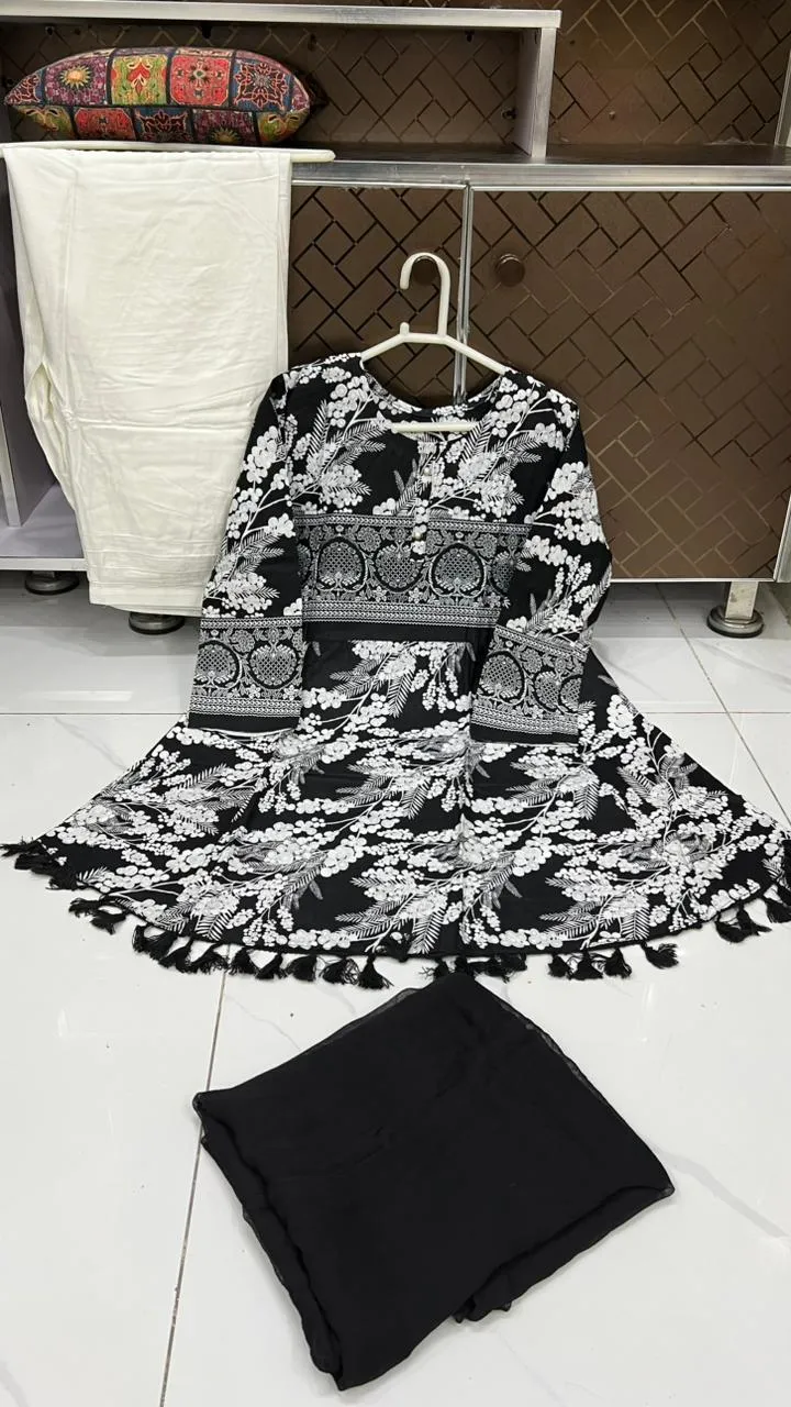 3Pcs Women's Stitched Lawn Digital Print Suit with Lace work short Frock and Shalwar - Image 3