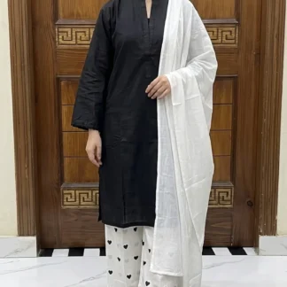 3Pcs Women's Stitched Cotton Lawn Block Printed Suit Viral Heart Printed with Lace