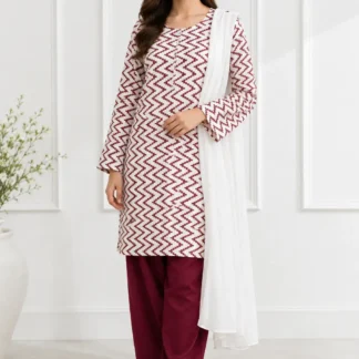 3Pcs Women's Stitched Cotton Lawn Block Printed Suit with Farshi Shalwar