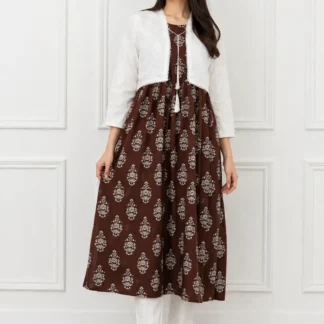 3Pcs Women's Stitched Linen Block Printed Suit with Koti