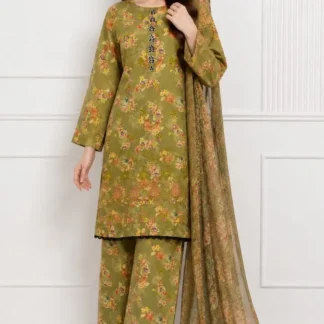 3Pcs Women's Stitched Lawn Embroidered Suit with Printed Shawl