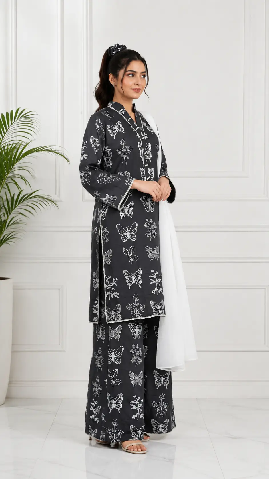 4Pcs Women's Stitched Linen Printed Suit with FREE scrunchie - Image 2