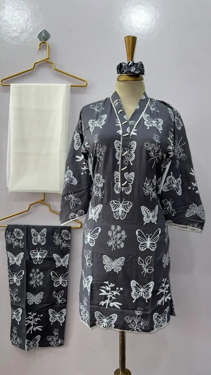4Pcs Women's Stitched Linen Printed Suit with FREE scrunchie - Image 4