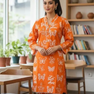 Orange Printed Linen 2-Piece Shirt & Trouser Set