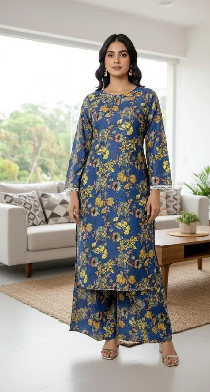 Blue Floral Lawn Kurta Set for Women