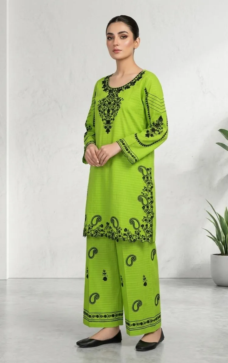 Green Embroidered Cotton Lawn Kurta Set for Women - Image 3