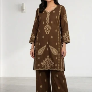 Brown Embroidered Kurta Pajama Set for Women