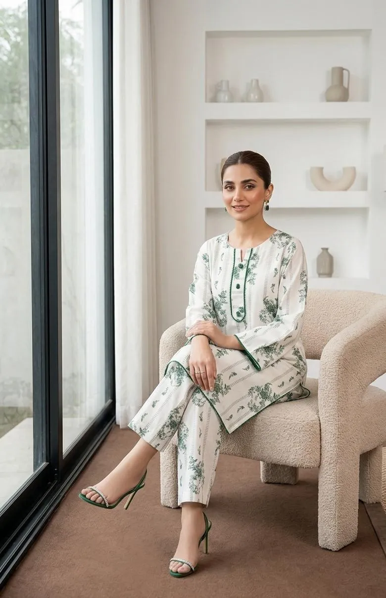 White Printed Arabic Lawn Kurta Set for Women 2 Pcs - Image 2