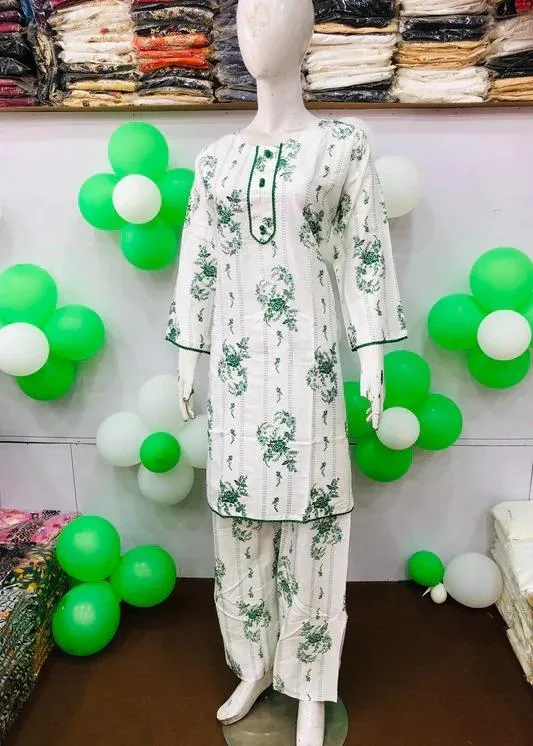White Printed Arabic Lawn Kurta Set for Women 2 Pcs - Image 4