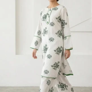 Pakistani Printed Kurta Pajama Set White Green Floral
