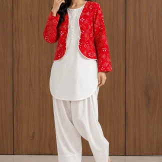 3 Pcs Women's Stitched Cotton Printed Shirt And Trouser with Chungi printed Koti