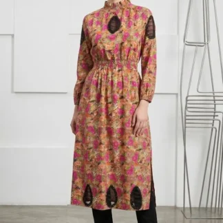 Multicolor Printed Maxi Kurti with High Neck & Lawn Fabric