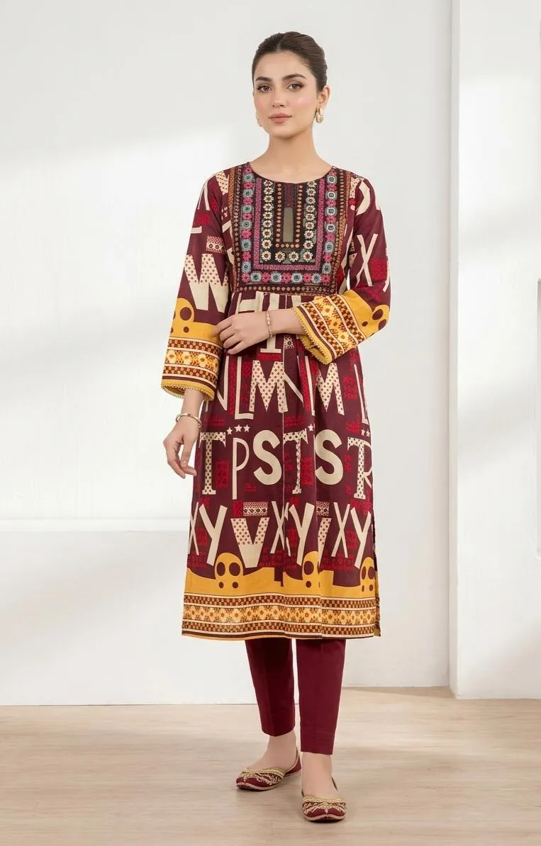 Pakistani Printed Kurta Set Maroon Embroidered