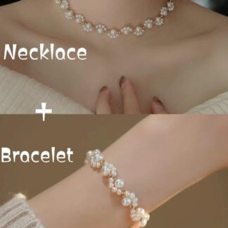 Gold Plated Pearl Necklace & Bracelet Set for Women