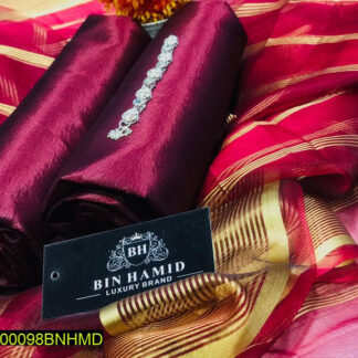 Maroon Katan Chamki 3-Piece Suit with Fancy Metal Neckline