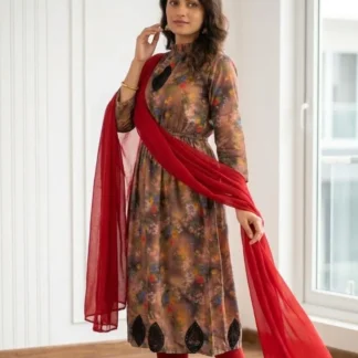 Pakistani Printed Kurta Set with Red Shawl