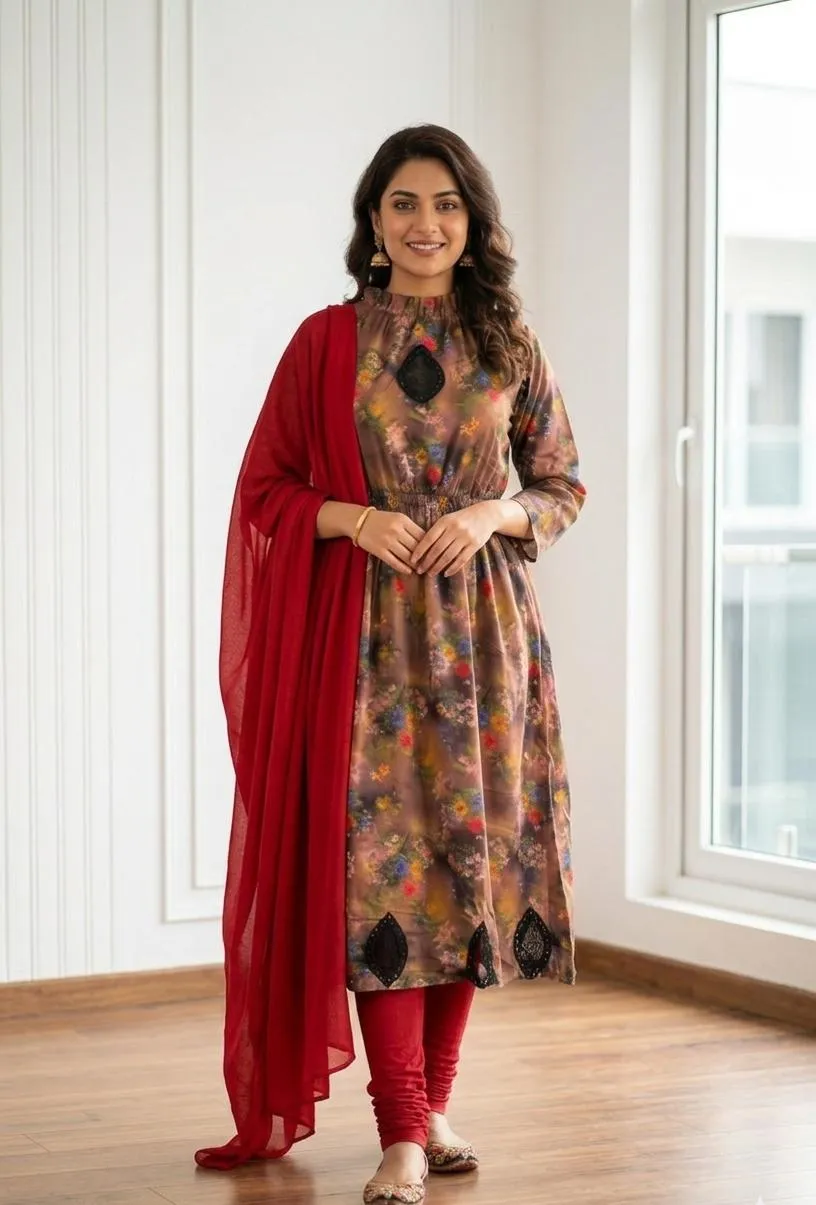 Pakistani Printed Kurta Set with Red Shawl - Image 2