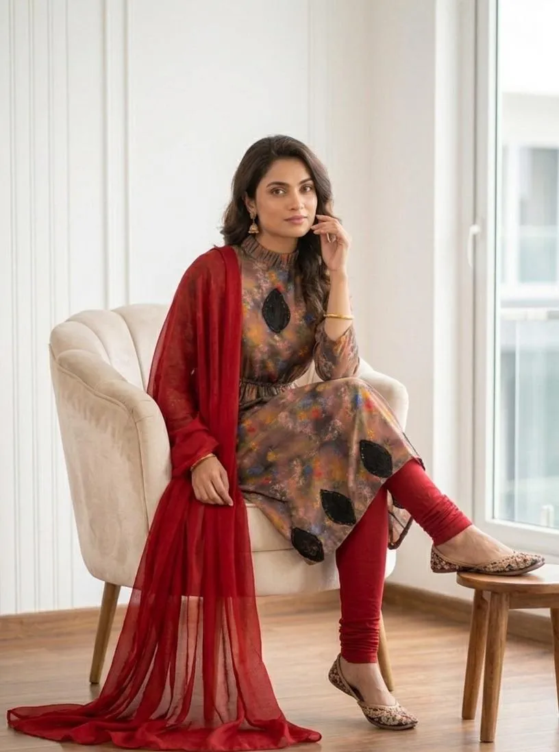 Pakistani Printed Kurta Set with Red Shawl - Image 3