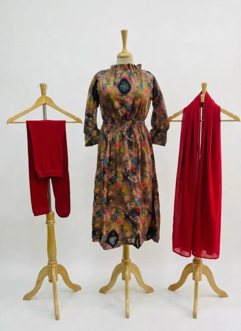 Pakistani Printed Kurta Set with Red Shawl - Image 4