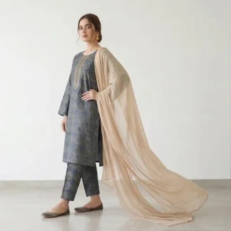 Turquoise Printed Linen 3-Piece Women Suit with Chiffon Dupatta
