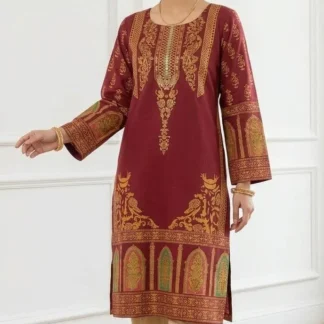 Maroon Block Printed Arabic Lawn Kurta Set for Women