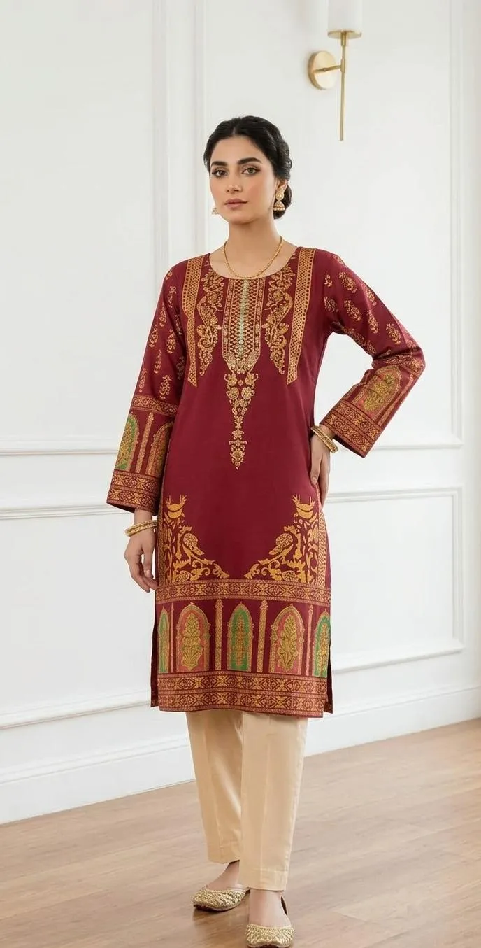 Maroon Block Printed Arabic Lawn Kurta Set for Women - Image 2