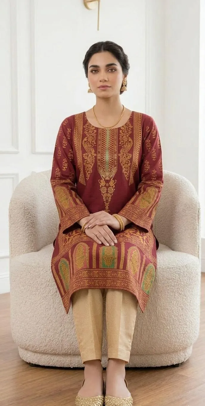 Maroon Block Printed Arabic Lawn Kurta Set for Women - Image 3