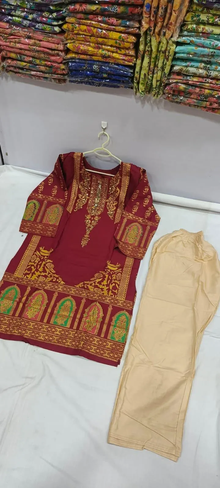 Maroon Block Printed Arabic Lawn Kurta Set for Women - Image 4
