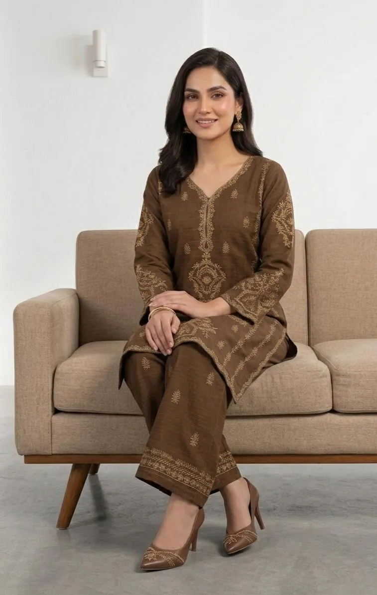 Brown Embroidered Cotton Lawn 2Pcs Set