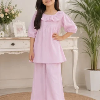 2 Pcs Girl's Lawn Plain Shirt And Trouser Suit