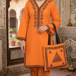 Orange Printed 3-Piece Linen Set for Women