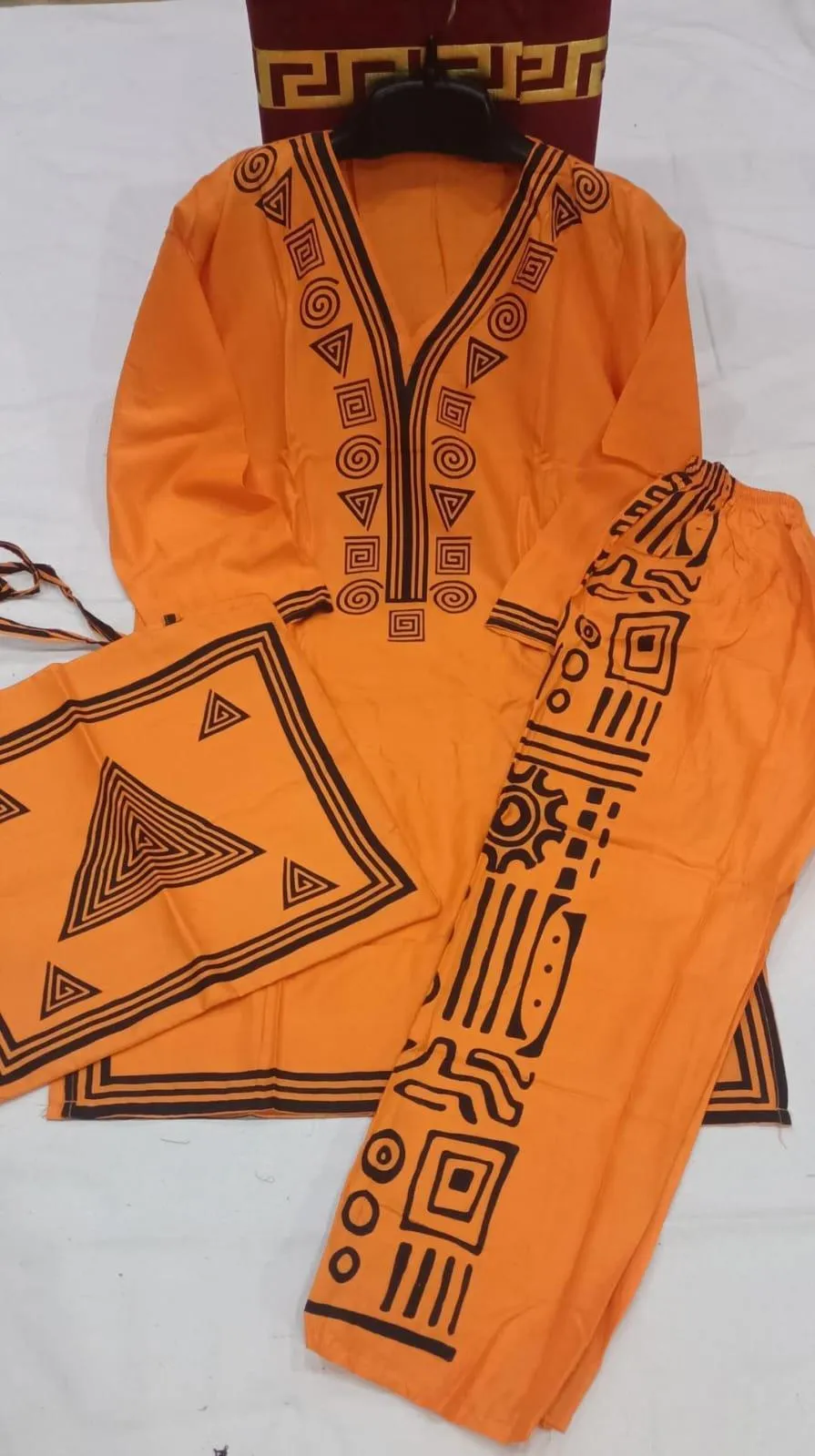 Orange Printed 3-Piece Linen Set for Women - Image 2