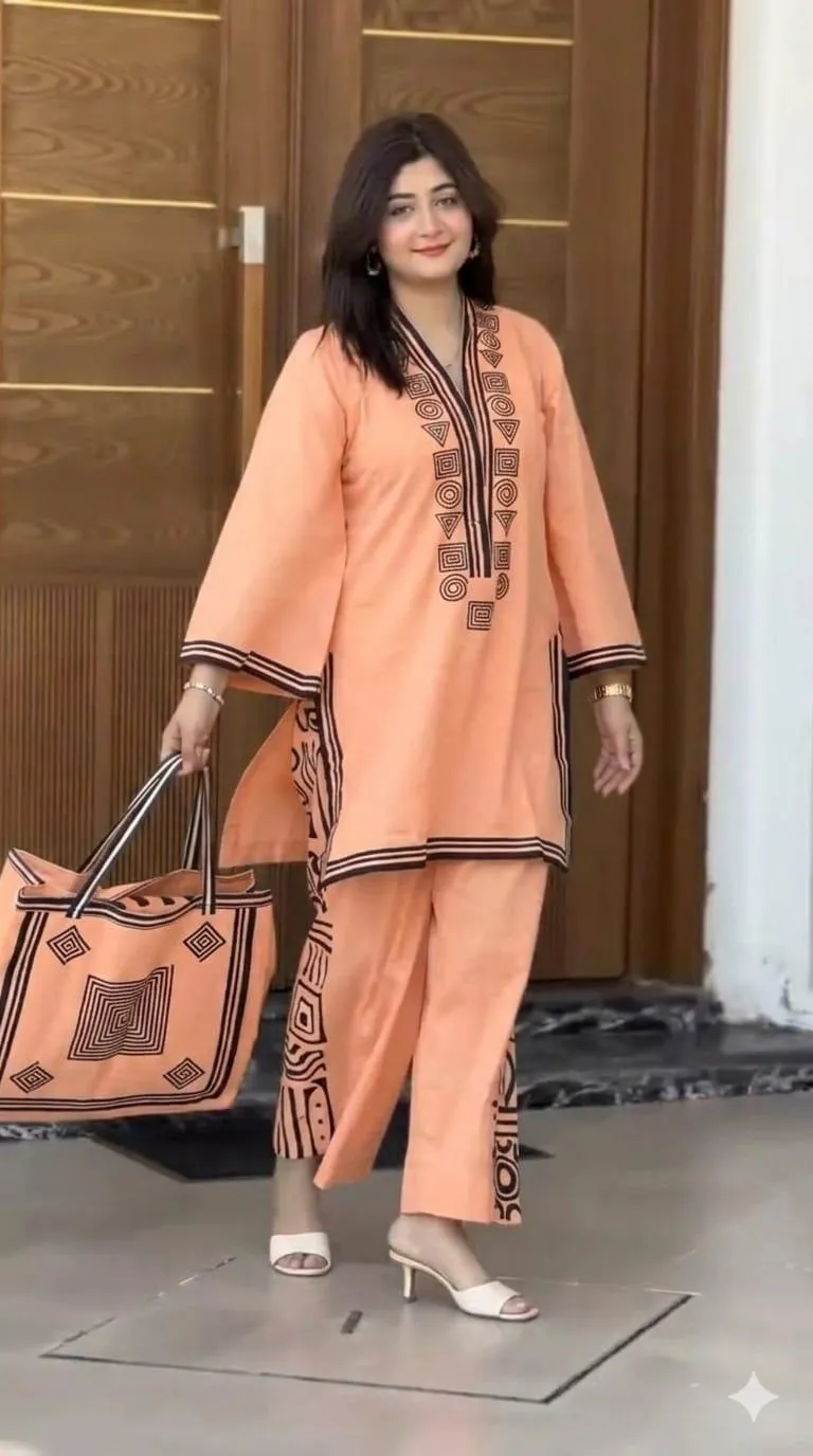 Beige Printed Linen 3Pc Set Shirt Trouser Bag - Image 2