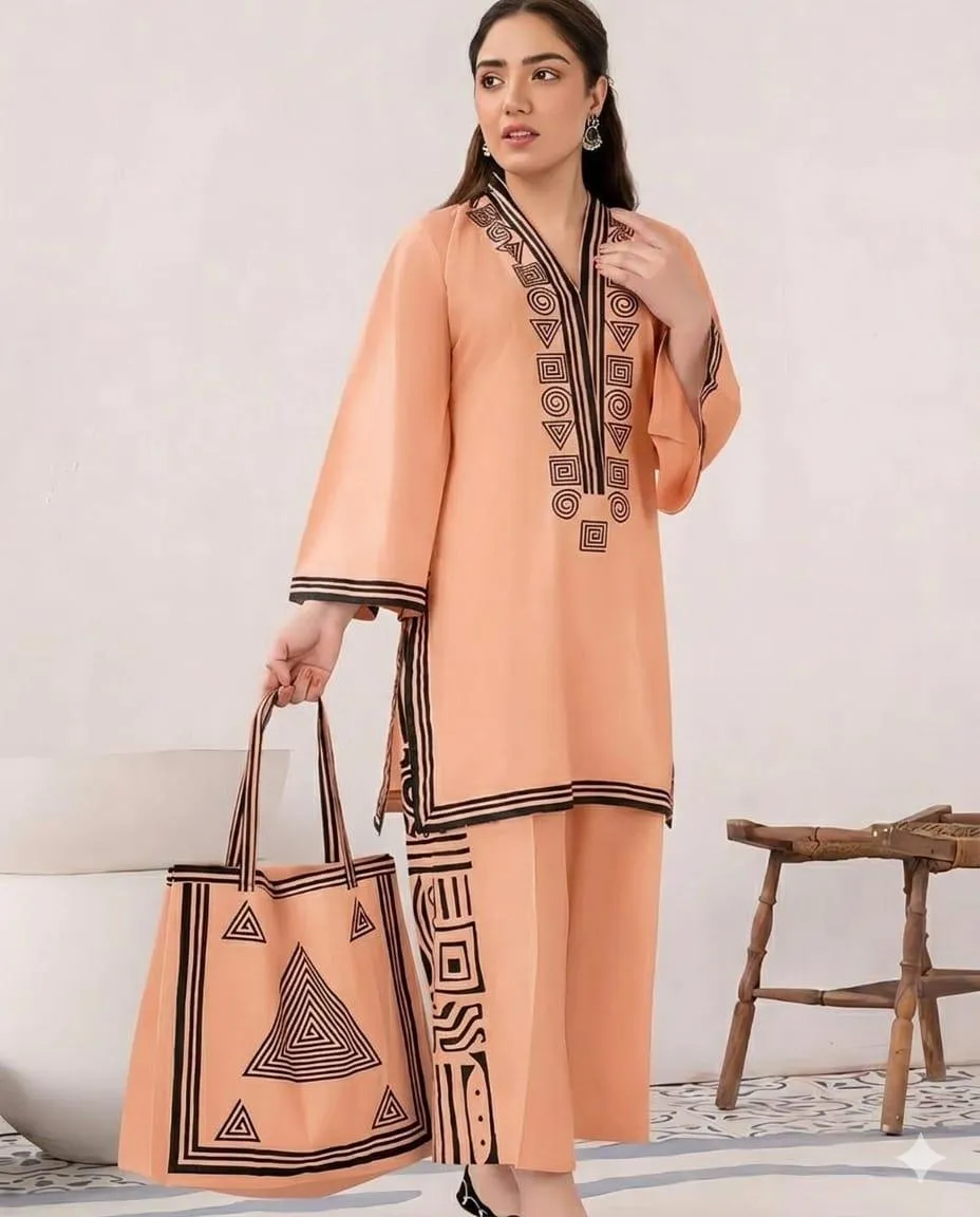 Beige Printed Linen 3Pc Set Shirt Trouser Bag - Image 3