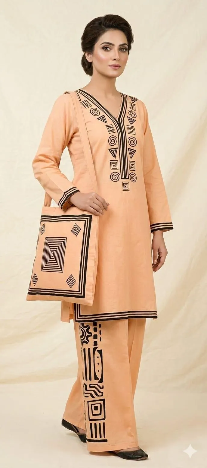 Beige Printed Linen 3Pc Set Shirt Trouser Bag - Image 4