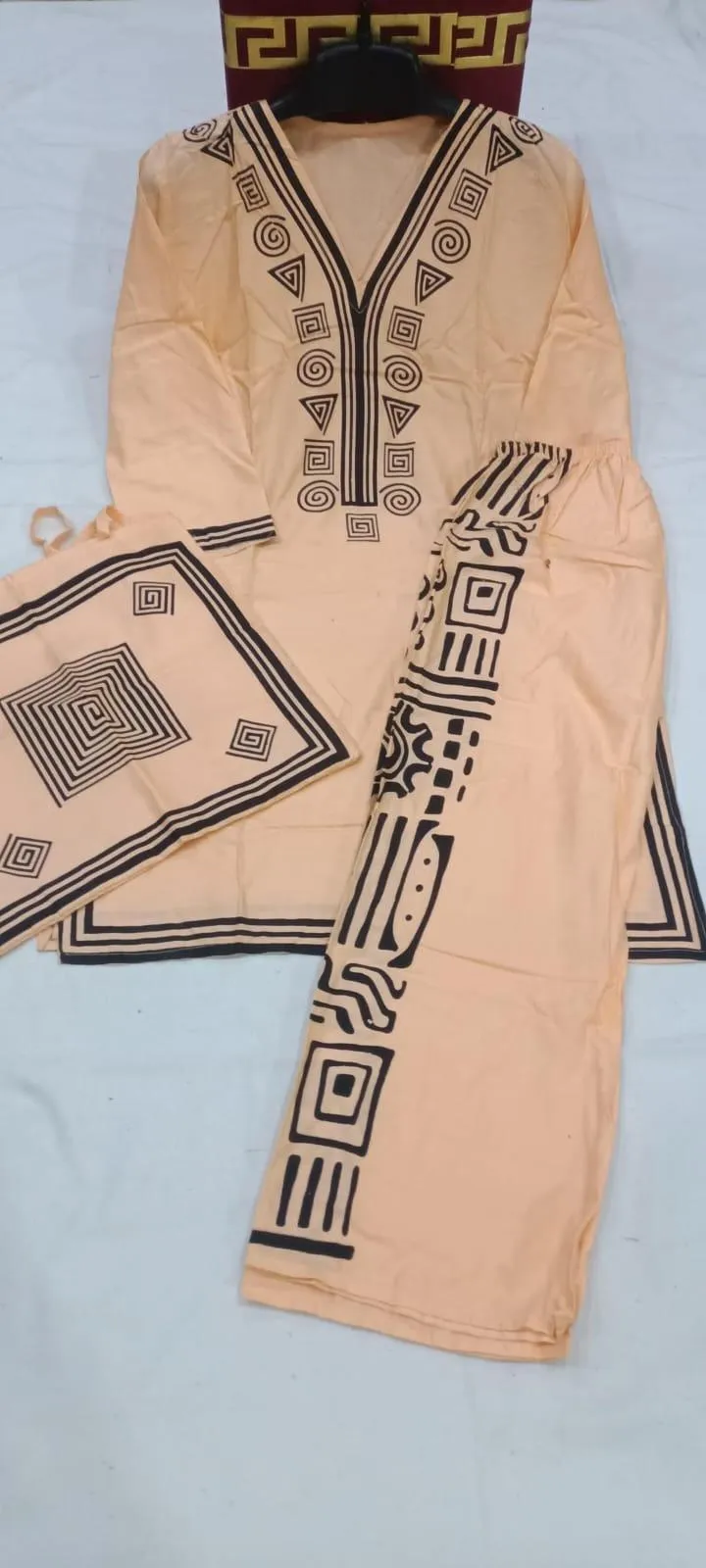 Beige Printed Linen 3Pc Set Shirt Trouser Bag - Image 5