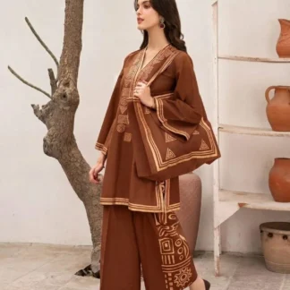 Women Linen Printed V-Neck Shirt & Trouser Set with Bag Multicolor