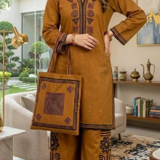 Brown Printed Linen 3Pc Set with Bag