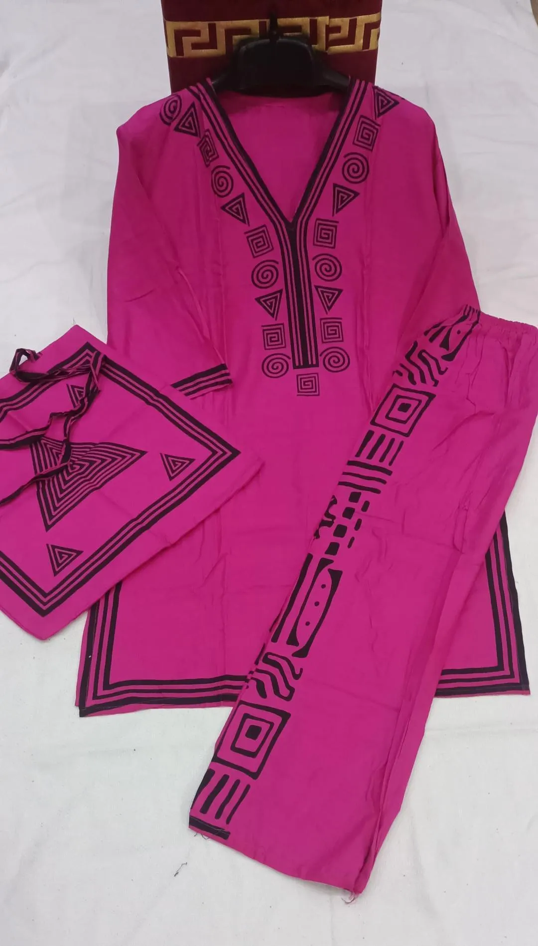 Pink Linen Printed 3Pc Set with Bag - Image 2